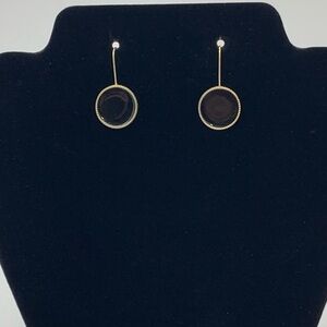FORNASH Signed Fashion Black And Gold Round Disc Long Hook Drop Vtg. Earrings